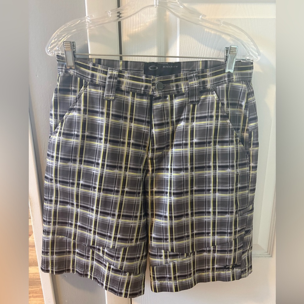 Oakley Men’s Gray Plaid Shorts with Yellow Accents
